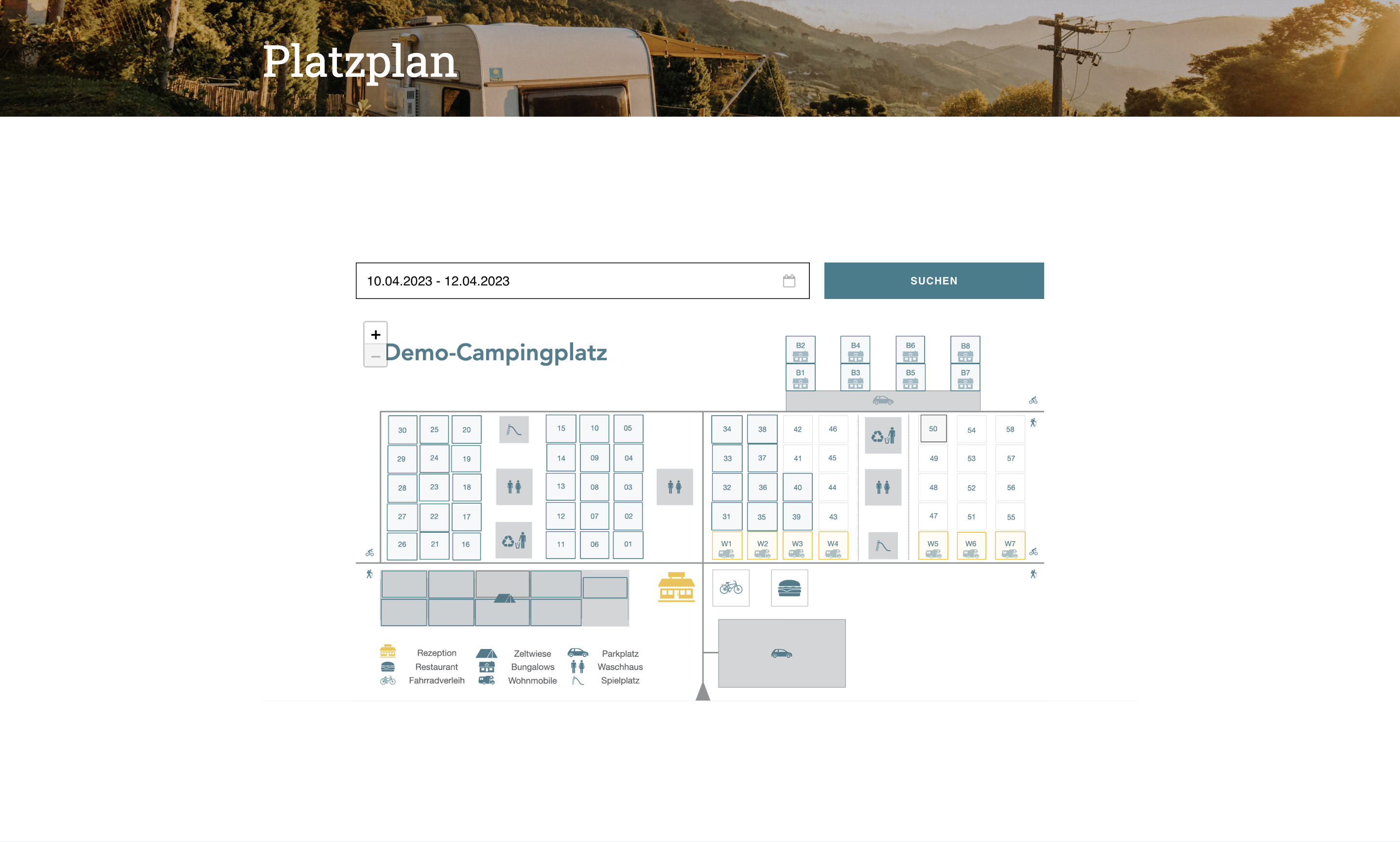 Screenshot von einer Campingplatz Website mit Platzplan